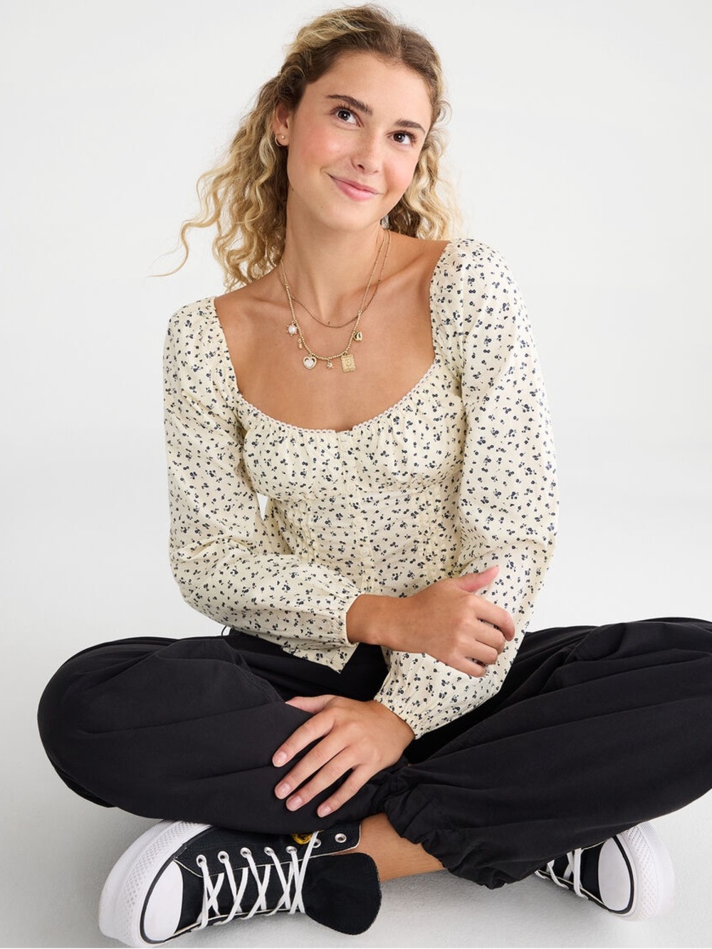 Aeropostale Ditsy Floral Milkmaid Peasant Crop Top, Smocked Off Shoulder, S